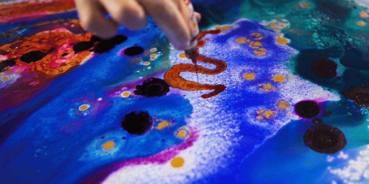 Closeup of ink art blue and red